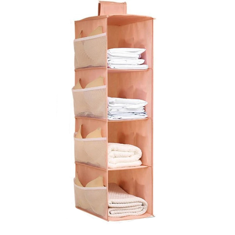 Multilevel storage organizer with shelves on a white background