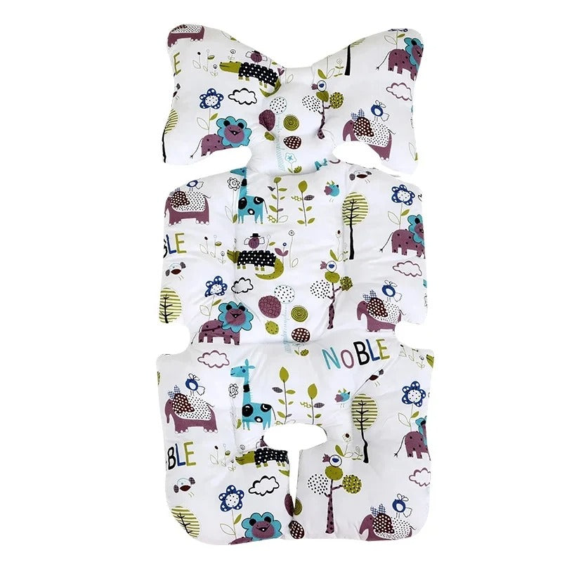Baby carrier with colorful animal pattern on a white background