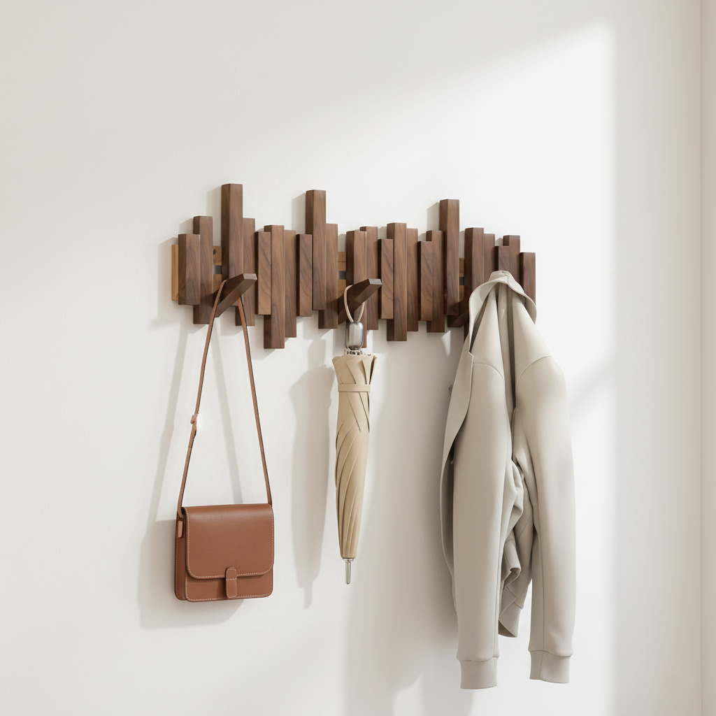 Wooden wall-mounted coat rack with a brown handbag, beige umbrella, and beige jacket on a white wall.