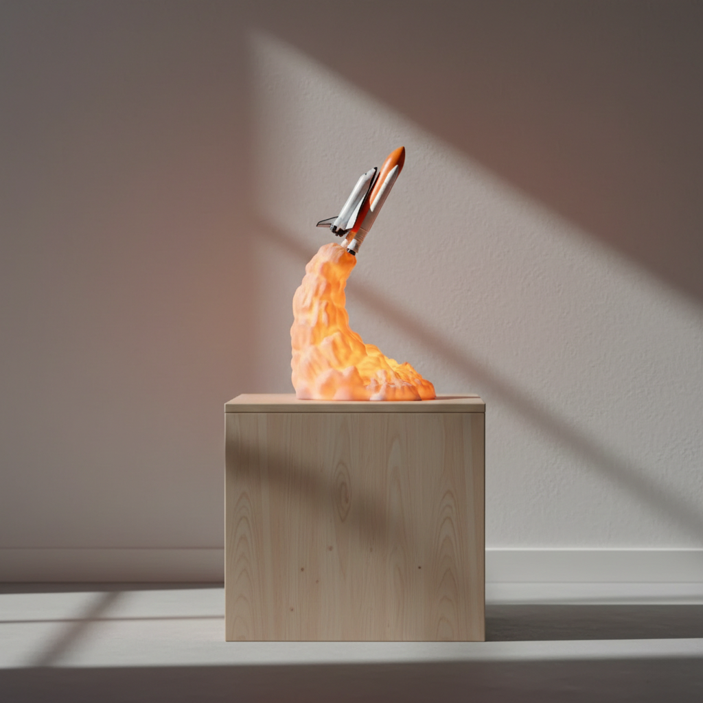 Model rocket launching into flames on a wooden platform with a neutral background