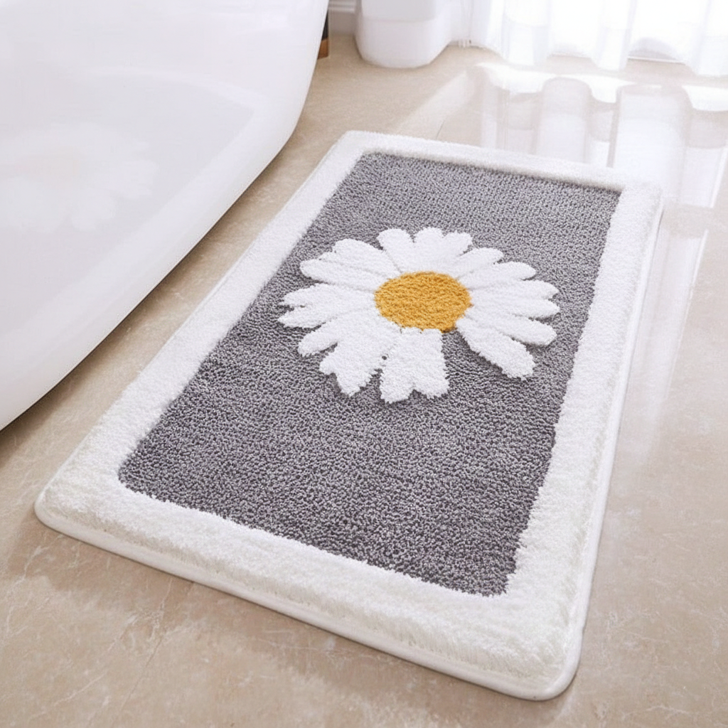 Gray rug with a white daisy design on a light-colored floor.